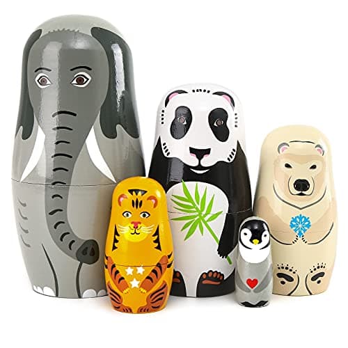 Moonmo 5pcs Handmade Wooden Animal Nesting Dolls Elephant Panda Traditional Russian Matryoshka Gift