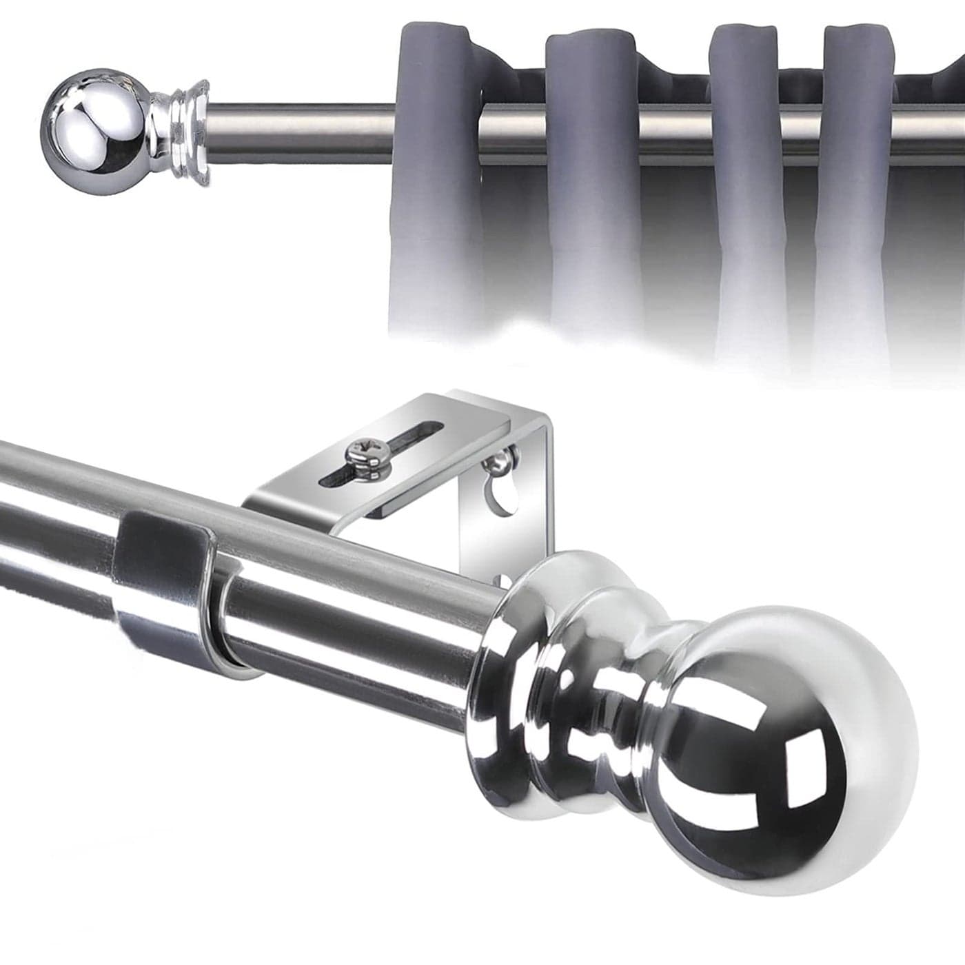 Curtain Poles with Round Finials 76 to 145 cm Silver Curtain Rod with Brackets Fittings Set Door Curtain Pole