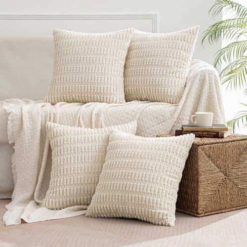 MIULEE Pack of 4 Cream White Corduroy Christmas Decorative Throw Pillow Covers 18x18 Inch Soft Boho Striped Pillow Covers Modern Farmhouse Home Decor for Sofa Living Room Couch Bed