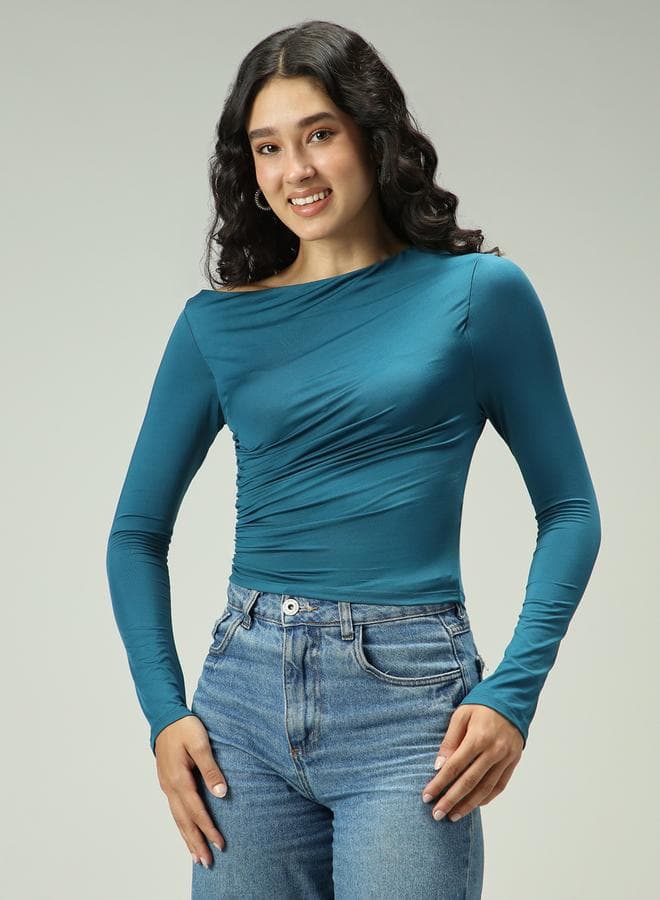 Green Asymmetric Neck Ruched Top — L
