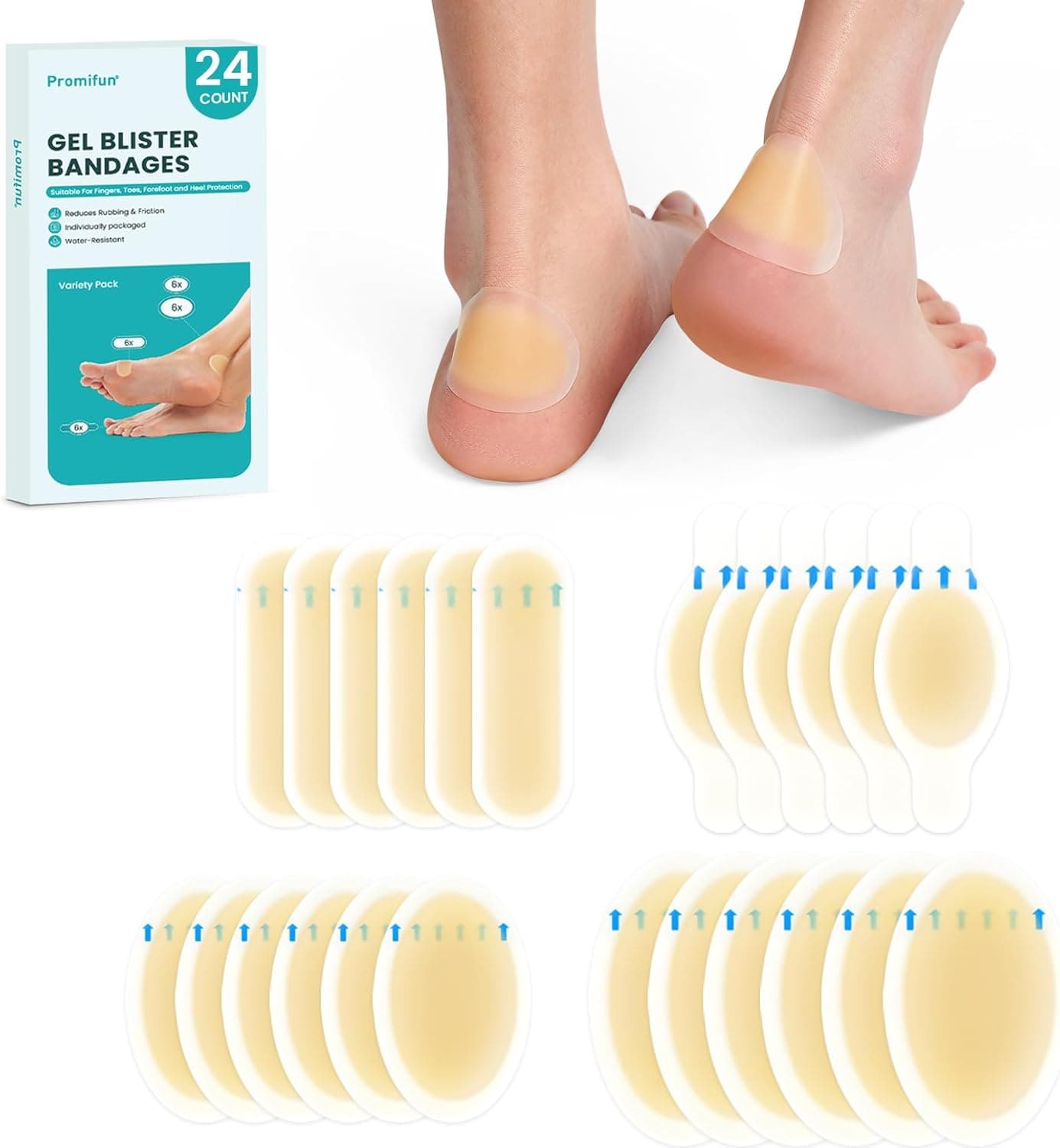 Hydrocolloid Gel Blister Bandages Pads Promifun Waterproof Adhesive Blisters Bandages Blister Pads for Heel Foot Toe Feet Gel Blister Chshions for Prevention Recovery 24ct Variety Pack