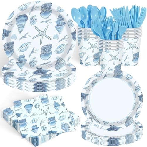 140 Pcs Ocean Seashell Beach Party Decorations Beach Theme Party Supplies Seashell Disposable Plates Paper Plates Napkins Forks for Kids Summer Birthday Baby Shower Serves 20