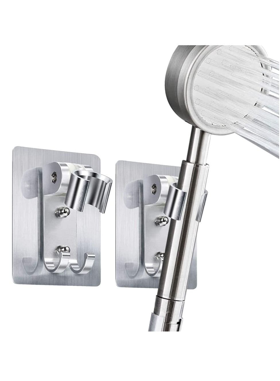 2pcs Shower Head Holder, Space Aluminum Non-marking Free Punch Bracket, Handheld Wall Mount Bracket with 2 Hooks, Strong Waterproof Adhesive Adjustable Suitable for Home Bathroom