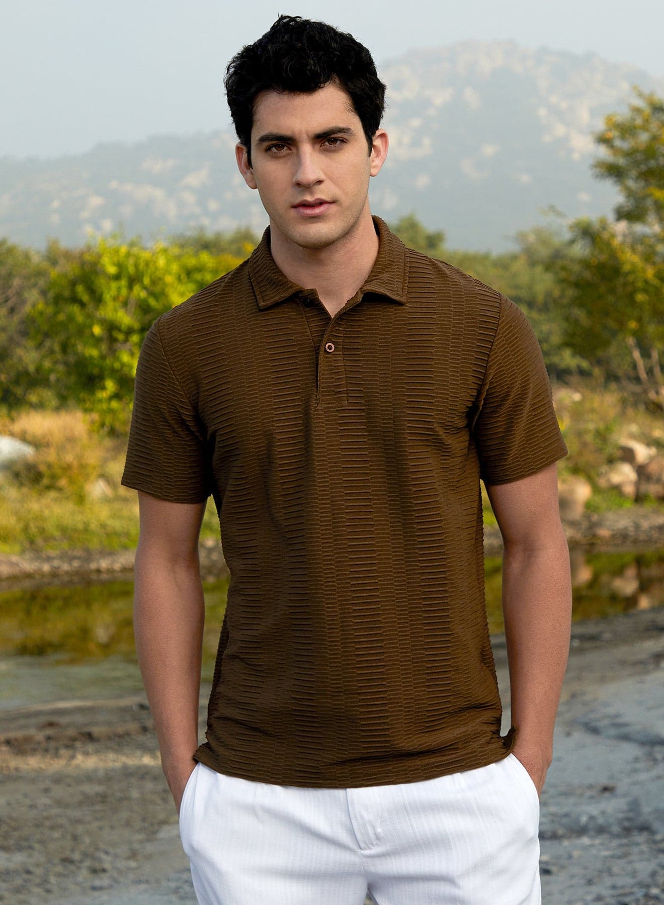 Men's Mocha Brown Flatten-Ruched Polo T-Shirt For Casual Wear | Polo Neck | Short Regular Sleeves | Half-Button Closure | T-Shirt Crafted With Comfort Fit For Everyday Wear