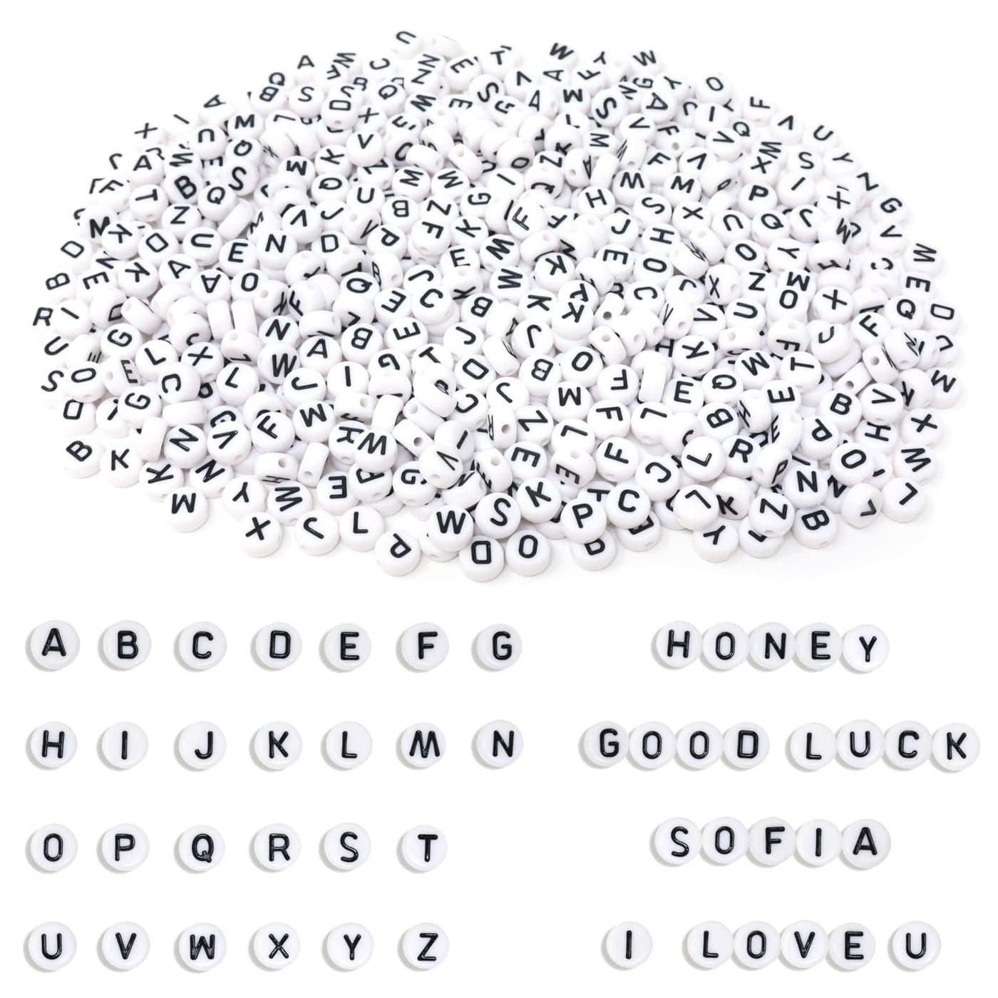 Honbay 600PCS 7mm Mini Acrylic Beads Flat Round Alphabet Beads Letter Spacer Beads Loose Beads for Bracelets Anklets Necklaces Earrings Eyeglasses Chain Jewelry Making or DIY Craft Projects