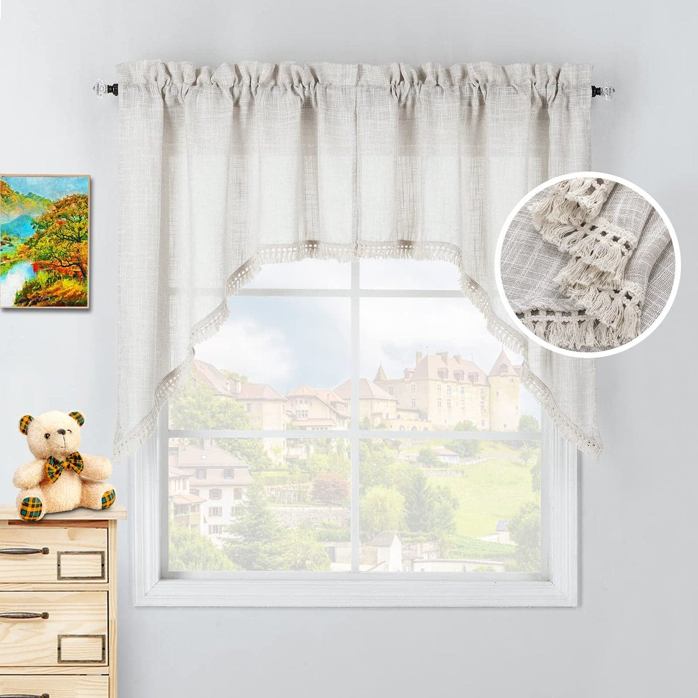 Beda Home Tassel Linen Textured Swag Valances for Farmhouses Kitchen Light Filtering Rustic Short Swag Topper for Small Windows Bedroom Privacy Added Rod Pocket Design Nature 36 x36 inch 1 Pair