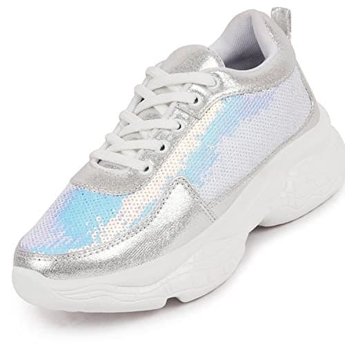 FAUSTO FST 1326 SILVER-37 Women's Silver Stylish Lace Up Embellished Sneakers (4 UK)