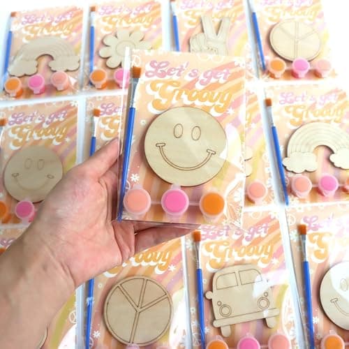 BOIKOKY 12 Pack PrePackaged Groovy Party Favors Wooden Retro Cutouts with Magnets Painting Kits for Kids 70s Theme Birthday Decorations Thank You Gifts for Guests