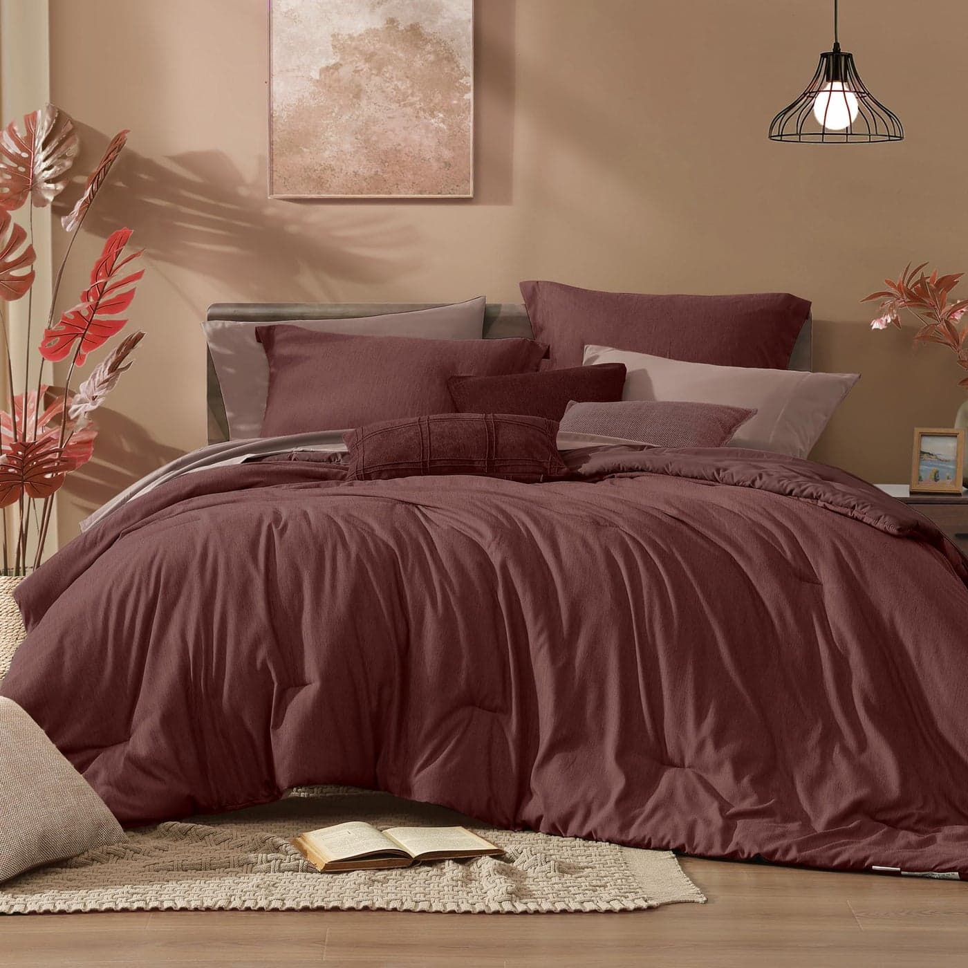 Monbix Queen Comforter Set 7 Pieces Cationic Dyeing Dark Red Bed in a Bag Queen Bedding Sets with Comforter Sheets Pillowcases Shams Reversible Bedding Comforters Sets