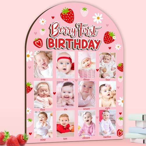 R HORSE 3D Berry First Birthday Wood Photo Display Board, Pink Strawberry Baby's First Year Picture Frame, 1-12 Months Milestone Board Birthday Decorations Keepsake Gift for Baby Girls Nursery Decor