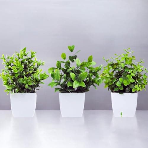 Go Hooked Artificial Plants mini pots Faux Plants Small Indoor for Home Farmhouse Bathroom Shelf Dcor Height 17CM Green and White 3 (Design May Vary)