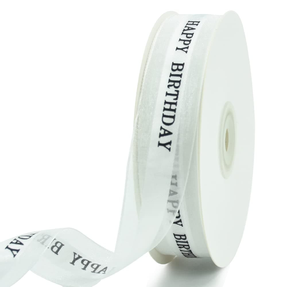 TONIFUL Happy Birthday Ribbon 1 Inch White Satin Silk Ribbons for Gift Wrapping 50 Yards Chiffon Organza Ribbon for Birthday Party Supplies Bouquet Wrapping Cake Box Wrapping Decoration