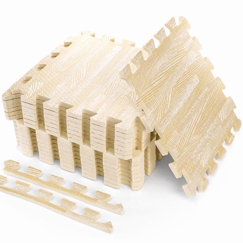 Tebery 16 Pieces Printed Wood Grain Floor Tiles 38Inch Thick EVA Foam Puzzle Floor Mat White Wood