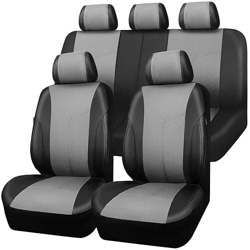Faux Leather with AIR Fresh Mesh Car Seat Covers Full Set Waterproof Airbag Compatiable Anti Slip Automotive Seat Covers Universal Fit for Most Sedan SUV Van Truck Light Gray