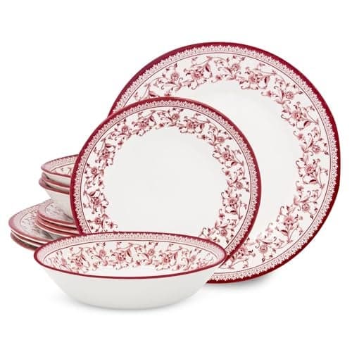 TUDOR Royal Collection 12-Piece Round Porcelain Dinnerware Set, Service for 4 with Dinner Plates, Bowls, and Salad Plates, Aster Pink Red Floral Design, High Gloss Finish, Durable & Premium Quality