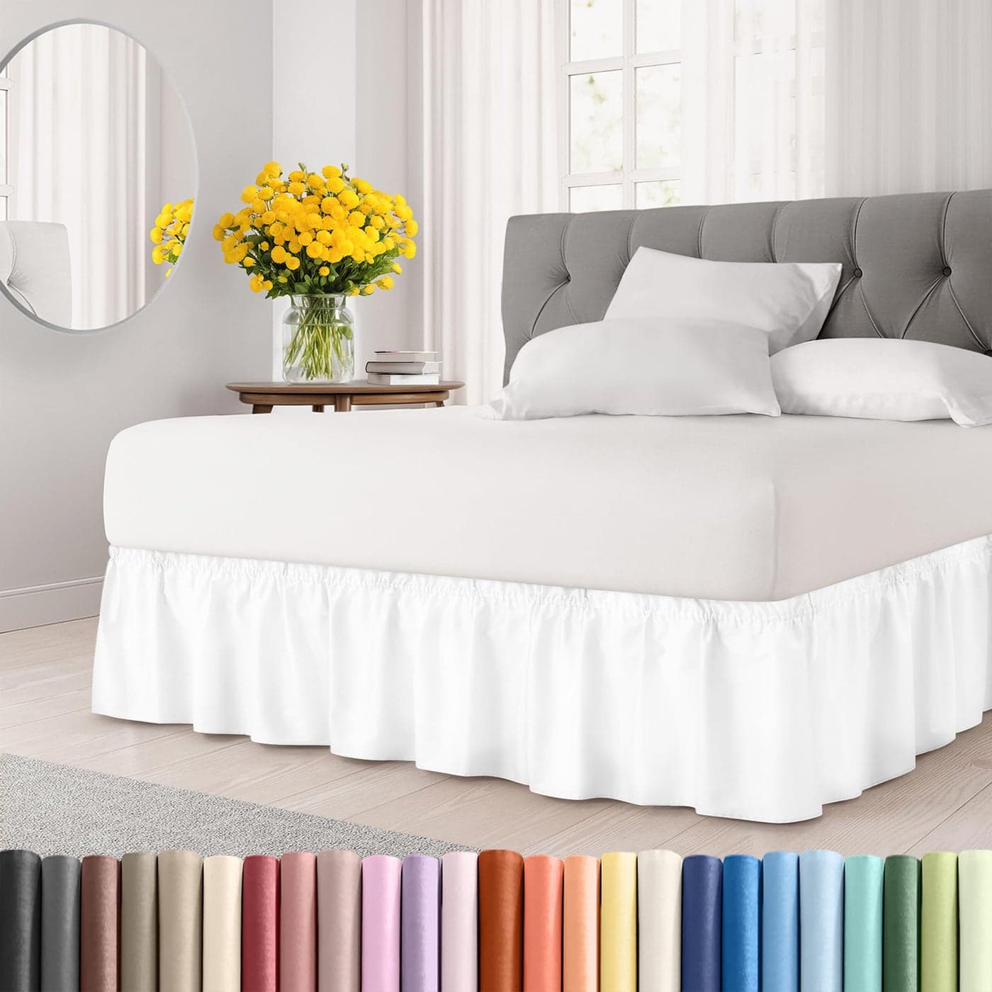 Wrap Around Dust Ruffle Bed Skirt White for Queen Size Beds with 12 Inch Drop Easy Fit Elastic Strap Adjustable Pleated Bedskirt wBrushed Fabric Wrinkle Free for Women Men Kids Teens
