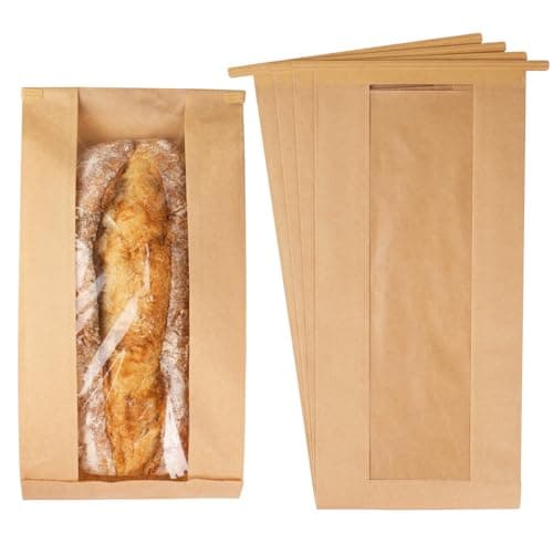 100 Pack Long Paper Bread Bags with Tabs for Homemade Sourdough, Resealable Bakery Bags with Window for Oval Sourdough Bread, Loaves, Pastries, Baguettes (6.3x2.7×13.7 Inches)