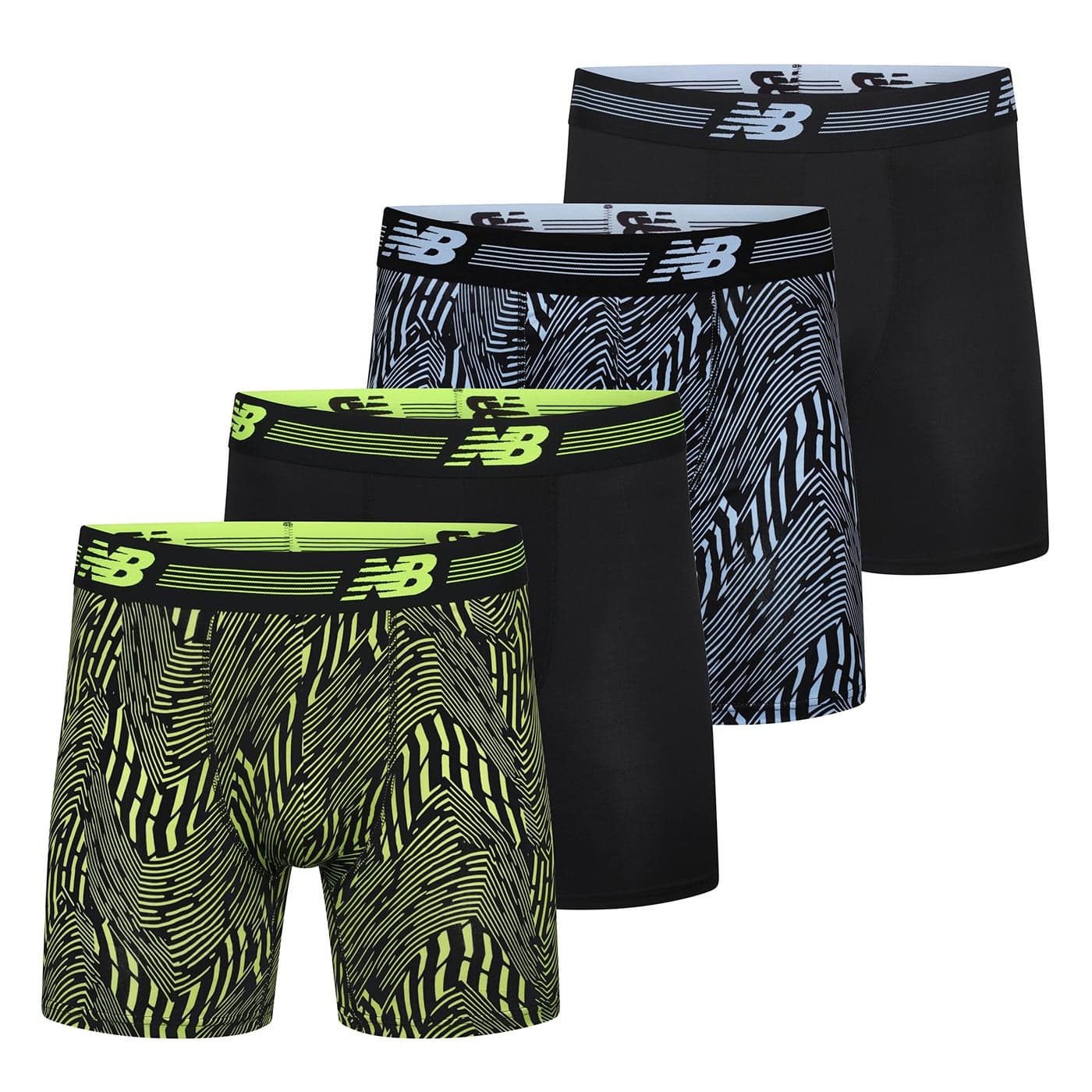 New Balance Mens Performance 6 NO Fly Boxer Brief 4Pack BlackAzure PrintBlackHiLite Print Small