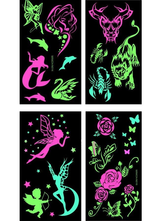 Premium Glow in the Dark Tattoos Glowing Temporary Tattoo Shimmer Gold Temporary Fake Jewelry Fluorescent Tattoos 4 Sheets