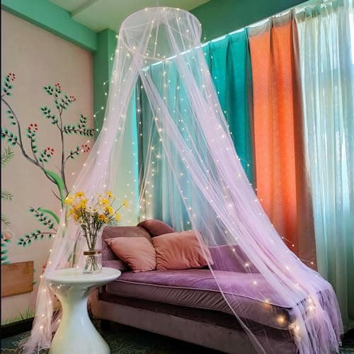 Eimilaly Bed Canopy Mosquito Net with 250pcs Warm Curtain Lights, Bed Canopy for Girls Room Decor or Theme Party, White/Warm Lights