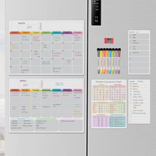 Hivillexun Magnetic Dry Erase Calendar Whiteboard Set 5Pack Includes Monthly Planner Weekly Planner Meal Organizer Conversion Chart Shopping List 8 Markers Eraser for Family Organization