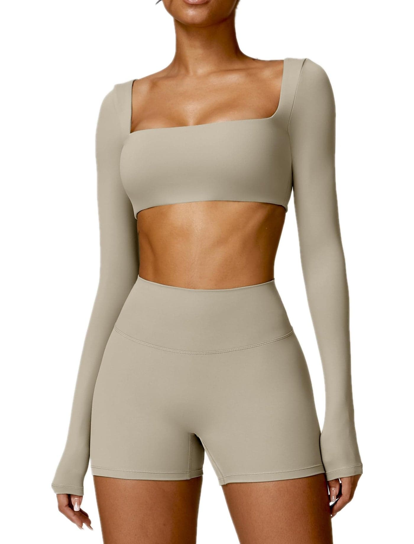 ABOCIW Workout Sets for Women 2 Piece Square Neck Long Sleeve Crop Tops High Waist Biker Shorts Gym Sets Khaki Medium