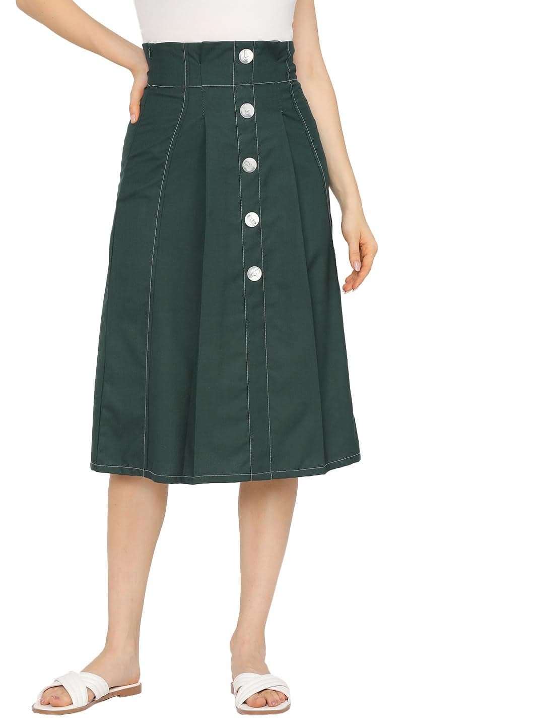 Tokyo Talkies Women Green Solid Casual-Fit Pleated Midi Skirt