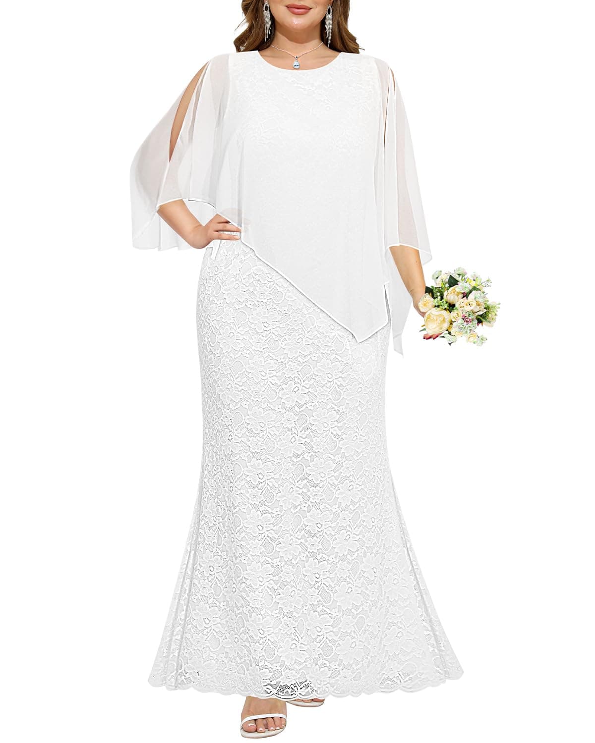 Plus Size Wedding Dress Bride White Lace Formal Long Women Bridal Shower Reception Maxi Chiffon Cape Mermaid Gowns 2025