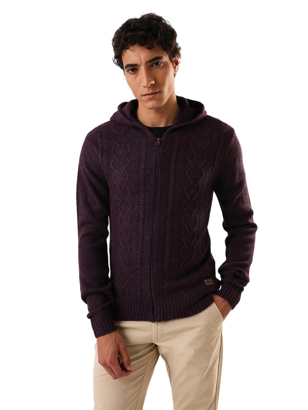 Dennis Lingo Men's Solid Cable Knit Hooded Front-Open Sweater
