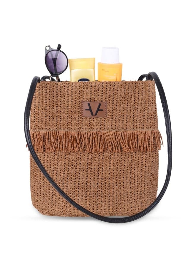 Terraweave Sling Handmade Cocoa Raffia & Vegan Leather Lightweight Women Everyday Bag Chic Sustainable Bag