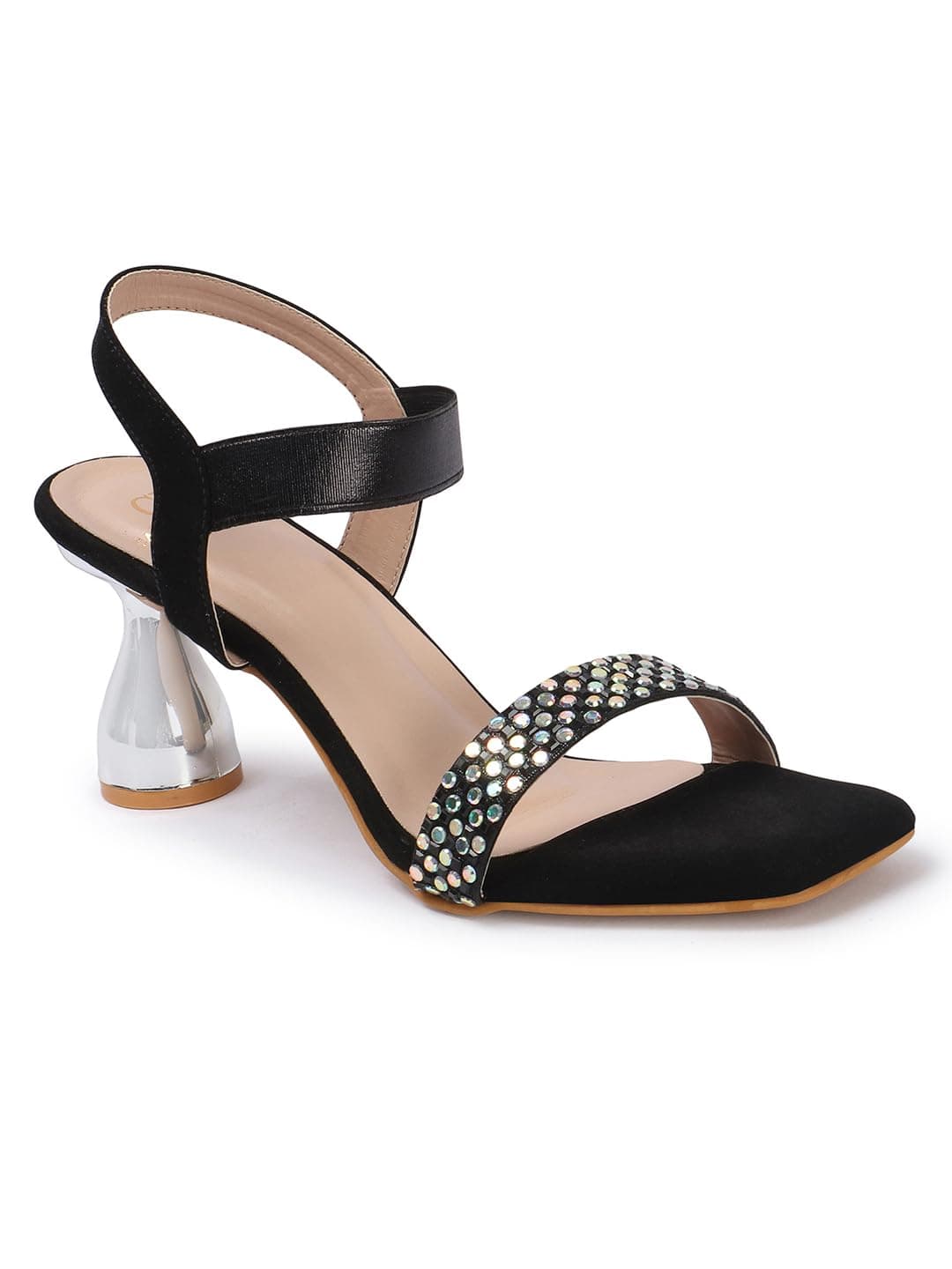 Carlton London Women Black Stylish Fashion Embellished Sandals for Outdoor, Party, Wedding and Holidays with Stiletto Heels (41)