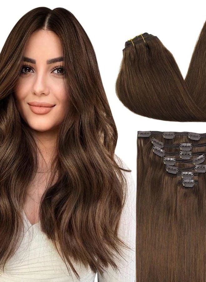 Clip in Hair Extensions Real Human Hair, Remy Human Hair Extensions Clip ins for Women, Natural Human Hair, 20inch 120g 7Pcs, 4A Chocolate Brown