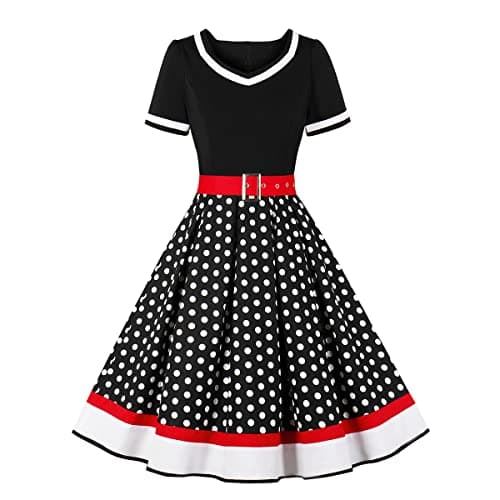 Women V Neck 50's Polka Dots Vintage Cocktail Swing Dress with Belt Short Sleeve 1950's Audrey Hepburn Style Rockabilly Prom Dress Knee Length A Line Wedding Party Formal Homecoming Dress A#Black S