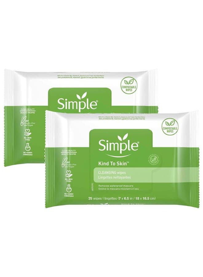 Simple Kind to Skin Facial Wipes Gentle and Effective Makeup Remover Cleansing Free from color and dye artificial perfume and harsh chemicals 25 Wipes, Pack of 2