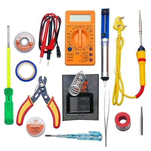 Electronic Spices (13 in 1) 25 W Soldering Iron , Digital Multimeter, Iron Bit, Solder Stand, Solder Wire, Desoldering Pump, Desolder Wire, Paste, Cutter Tester, Tape, Tweezer, Screw Driver Starter Kit