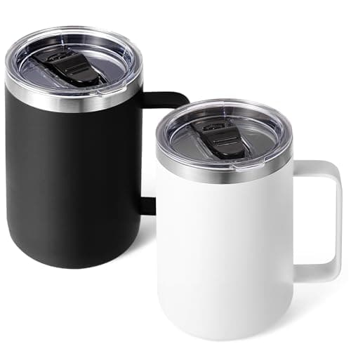 Volhoply 16oz Insulated Coffee Mug with Lid and Straw, Stainless Steel Travel Mugs with Handle, Double Wall Vacuum Leak Proof Coffee Tumbler Cup (Assorted,2)