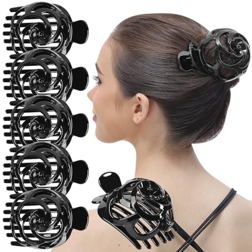 RC ROCHE 6 Pcs Bun Makers for Womens Hair Claw Clip for Updos Bird Nest Ballet Ballerina Piece French Round Holder Net Donut Shell Dome Jumbo Extra, Large Black