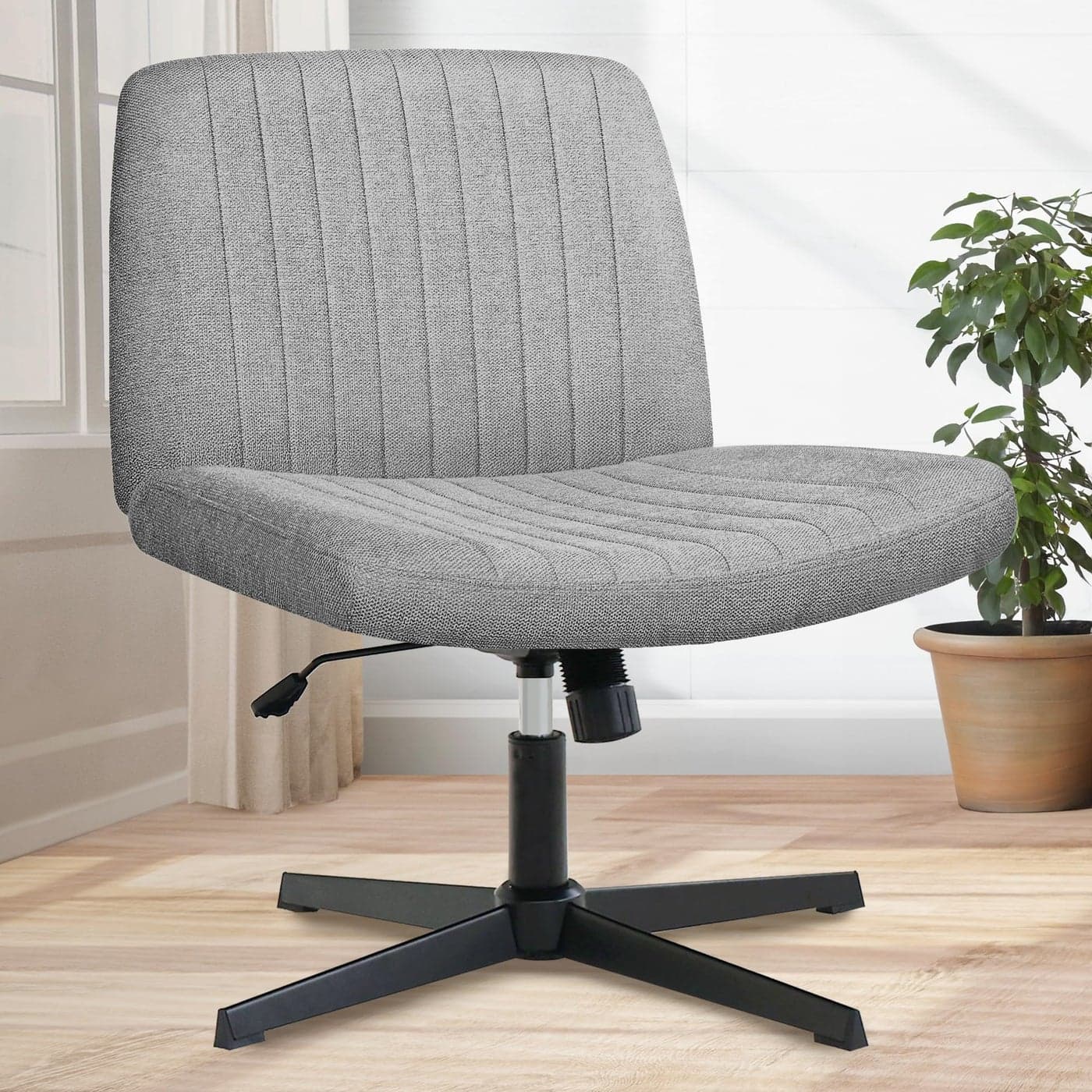 Orange Factory Criss Cross Chair No Wheel Wide Cross Legged Office Desk Vanity Chair Comfy Fabric Armless Adjustable Swivel for Home Computer Task Gray