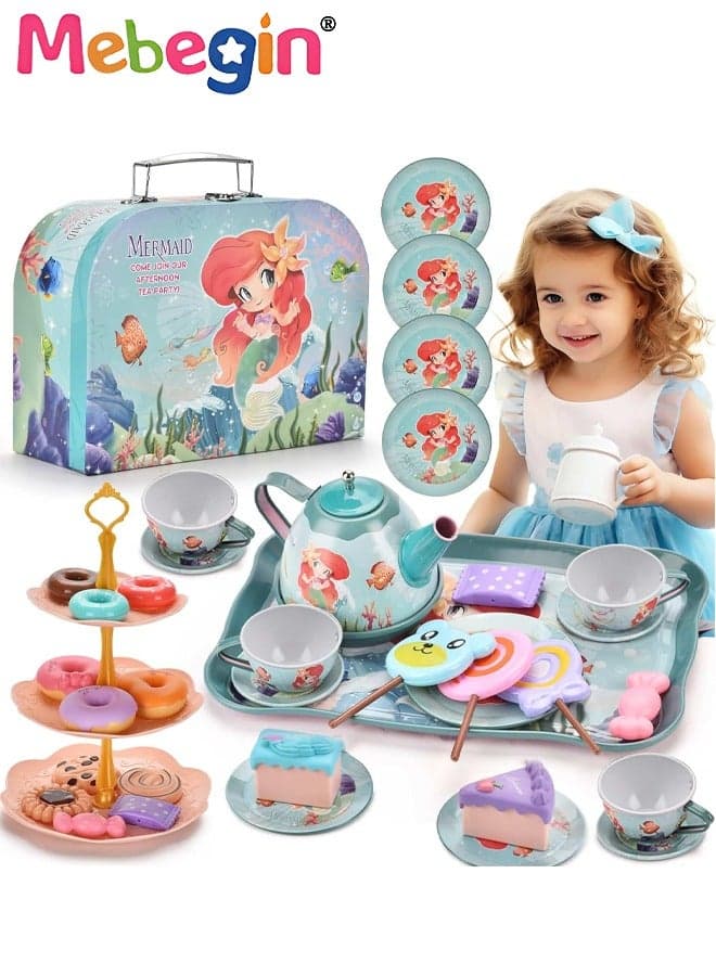 48pc Mermaid Tea Party Set for Little Girls,Birthday Gifts for Age 3 4 5 6 Year Old Girls,Pretend Tin Teapot, Cups, Plates,and Food Sweet Treats Playset for Princess Tea Time Play Kitchen Toys