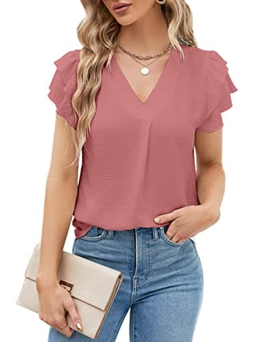 Blooming Jelly Womens Dressy Casual Shirts Short Sleeve V Neck Work Blouse Business Casual Summer Tops 2025(X-Large, Bean Paste Red)