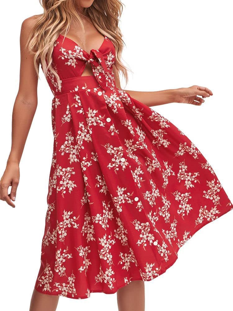 FANCYINN Womens Red Floral Prints Tie Front Button Down Spaghetti Strap Midi Dress Valentine's Gift Flower L
