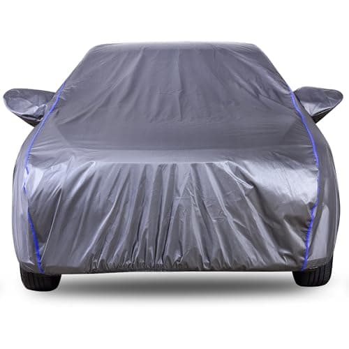 Autofact Waterproof Car Body Cover Compatible with Hyundai i10 (2007 to 2017), with Mirror Pockets, 210D Waterproof Grey Color Fabric, with Blue Piping, Shinning Look