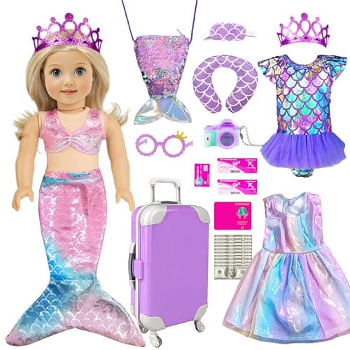 Mermaid 18 inch Doll Clothes and Doll Accessories Case Luggage Travel Play Set Include Suitcase Dresses Bag Camera Glasses Pillow Eyeshade Etc No Doll