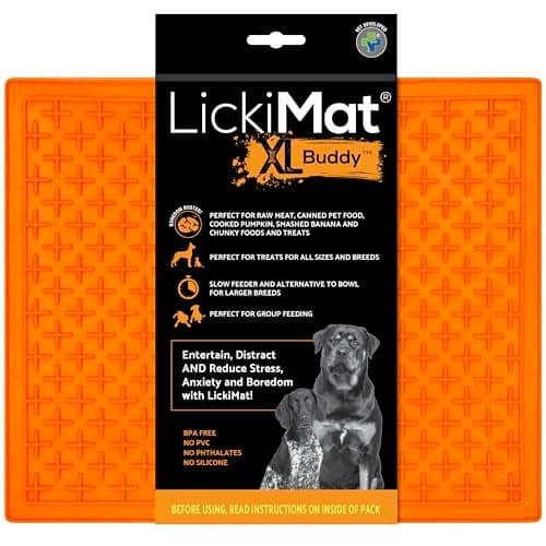 LickiMat X Large Breed Buddy Dog Lick Mat, Dog Calmer, Slow Feeder, Anxiety Reliever Alternative to Puzzle Toys, Slow Feeding Bowls. Use Peanut Butter, Wet, Raw, Mixed Food, Healthy Treats - Orange