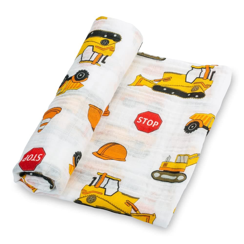 LollyBanks Muslin Swaddle Blanket 100 Muslin Cotton Baby Blankets for Boys 47 X 47 Inches Newborn Receiving Blanket Swaddles for Newborns Baby Boy Registry Fun Construction Theme Print