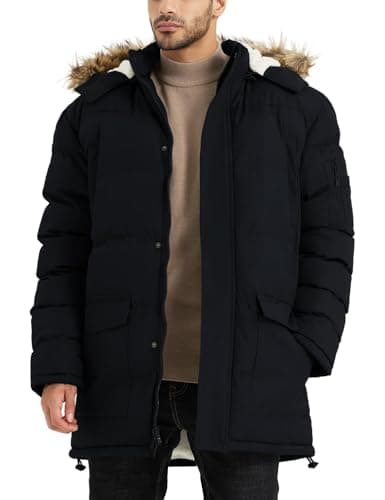 JAWERU Winter Coats For Men Winter Jackets Water Resistant Warm Thicken Puffy Hooded Insulated Thicken Parka Coat Black L