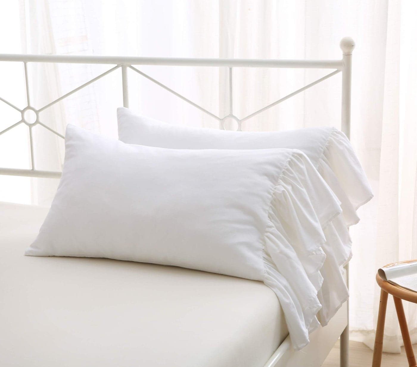 2Pack Bright White Pillow Cases Shams Covers with Long Ruffles Shabby Chic Egypt Cotton Queen Size 20X30Soft Soft