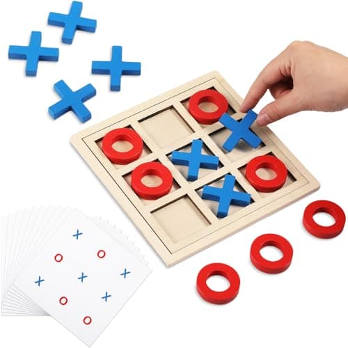 Seenelling Jumbo Wooden Tic Tac Toe Game Dementia Activities for Alzheimers Seniors with Matching and Puzzle Templates XO Chess Board Game for Elderly Engaging Table DecorBlue Red