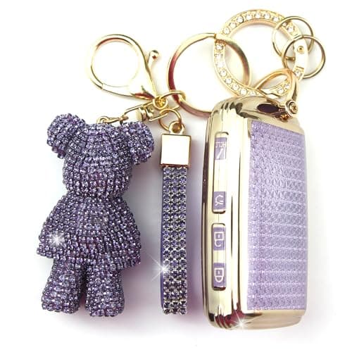 Rayslesan Cute Key Fob Cover with Rhinestone Bear Charm, Bling TPU Smart Key Case for Women, Compatible with Mazda 3 6,CX-30 CX-5 CX-50 CX-60 CX-70 CX-90, MX-5 Miata (Gold Purple)