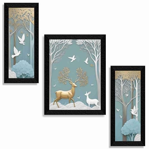 SAF couple deer wall painting for Wall Decoration - Set Of 3, 3d modern art Painting for Living Room Large Size with Frames for Home Decoration, Hotel, Office Paintings 103 cm x 65 cm SANF-SXL36036